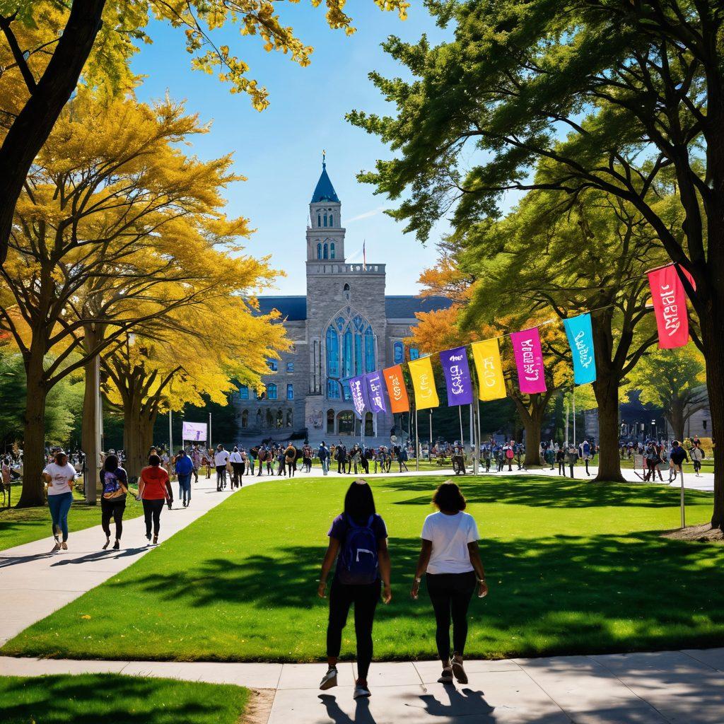 A vibrant scene showcasing diverse students engaged in various activities on UAlbany's campus, with colorful banners representing different clubs and events fluttering in the breeze. The background features iconic campus buildings and greenery, with students chatting, studying, and participating in outdoor sports. Sunlight filters through trees, creating a lively and inviting atmosphere. super-realistic. vibrant colors. dynamic composition.