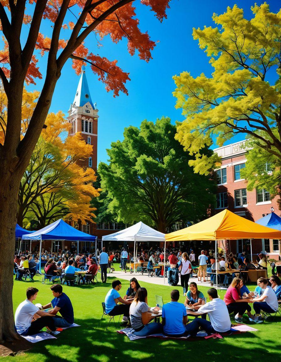A vibrant college campus scene filled with diverse students engaging in different activities: attending a lively outdoor event, studying under trees, and participating in fun group activities. Include iconic university buildings in the background and colorful banners for various events. The atmosphere should be energetic and welcoming, showcasing collaboration and community spirit. super-realistic. vibrant colors. bright blue sky.