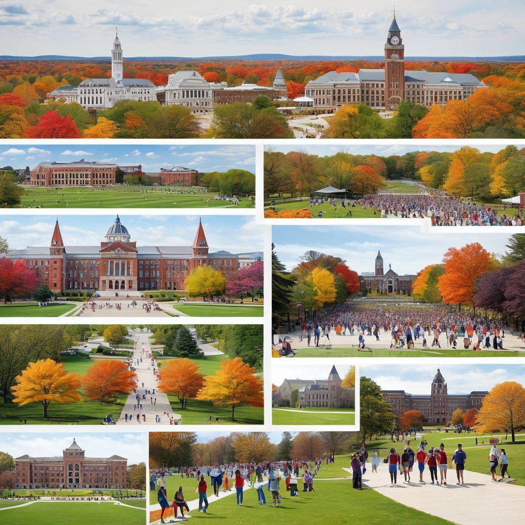 A dynamic collage showcasing Albany's university life: vibrant events such as outdoor festivals, students studying in scenic parks, and lively campus activities. Incorporate iconic Albany landmarks in the background, with a diverse group of students engaging enthusiastically. Bright, inviting colors to reflect the energy of student life and resources available. super-realistic. vibrant colors. white background.